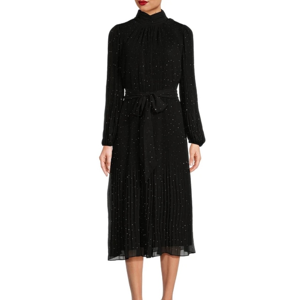 Alex Marie Black Ruffled Chiffon Midi Dress Long Sleeve Rhinestones Size 10